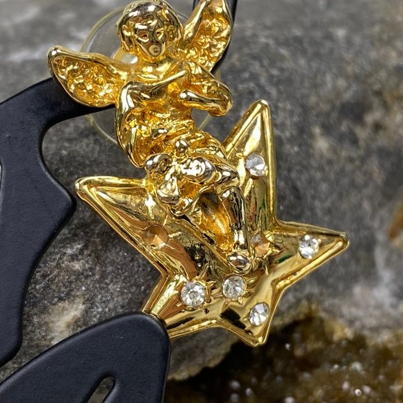 Vintage Gold Tone Angel on Star Pierced Earrings Rhinestones - Picture 6 of 8